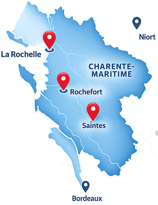 Zone d’intervention Volumaprint en Charente-Maritime autour de La Rochelle, Rochefort et Saintes